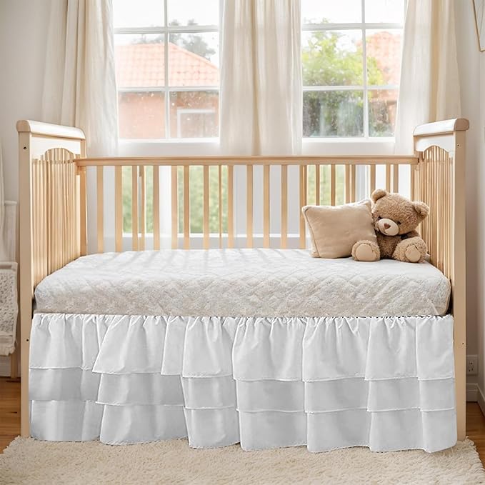 Ruffled Crib Bed Skirt: 3 Tiered Ruffled Crib Skirt Baby Girl Nursery Toddler Bedding Dust Ruffle, 17.7" Deep Drop- Fits Standard Cribs,28"x 52" (White)