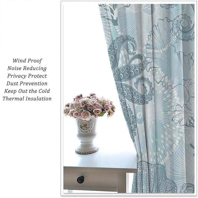 Coastal Window Curtains,Nautical Beach Themed Thermal Insulating Decor Curtain for Living Room, Bedroom Set 2 Panels,42x45 Inches