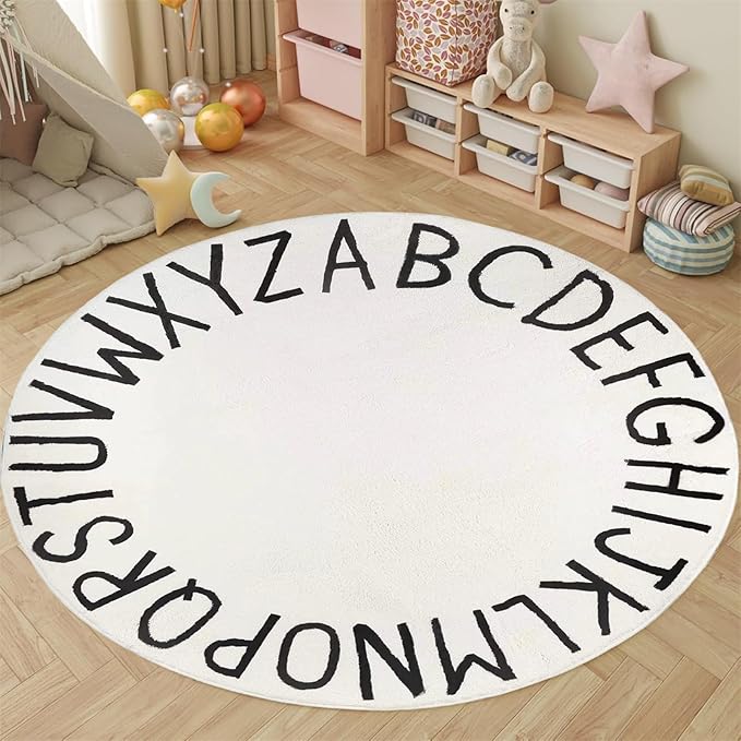 Round Alphabet Rug,8ft ABC Rugs for Kids Playroom,Boho Classroom Rug for Living Room, Bedroom, Machine Washable Soft Non Slip Non Shedding-White
