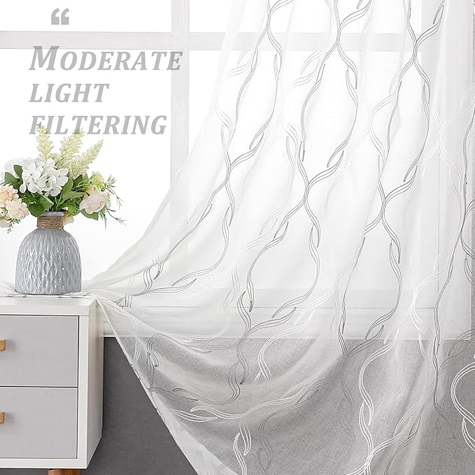 VISIONTEX Sheer Curtains 84 Inches Long 2 Panels Set, Grey and Ivory Two Tone Textured Moroccan Embroidery Geometric Rod Pocket Ivory Voile Tulle Semi Window Treatment Pair for Bedroom, W54 x L84