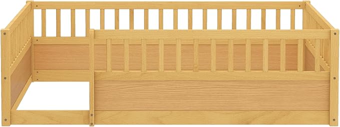 Bellemave Full Floor Bed with high Rails for Kids, Girls, Boys, Wood Montessori Floor Bed Without Door, Natural