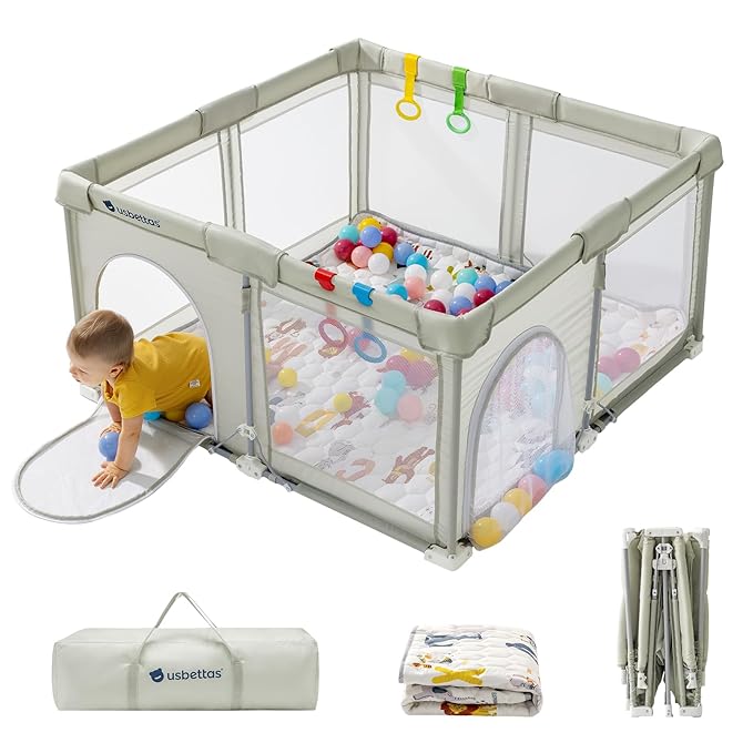 Foldable Baby Playpen with Mat, Foldable Playpen for Babies and Toddlers,Kids Portable Travel Play Pen, Collapsible Play Yard with 4 Handles,Indoor & Outdoor Baby Play Area with Breathable Mesh