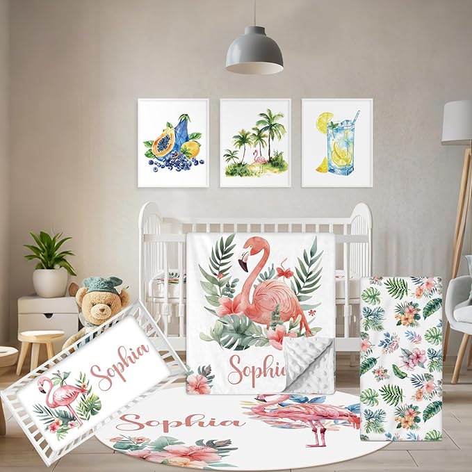 Personalized Baby Crib Bedding Set, 5 Pcs Custom Name Nursery Bedding Set, Flamingo Baby Bedding Set for Girls Boys, Double Layer Flannel Baby Crib Set, Toddlers Kids Infants Customized Gifts