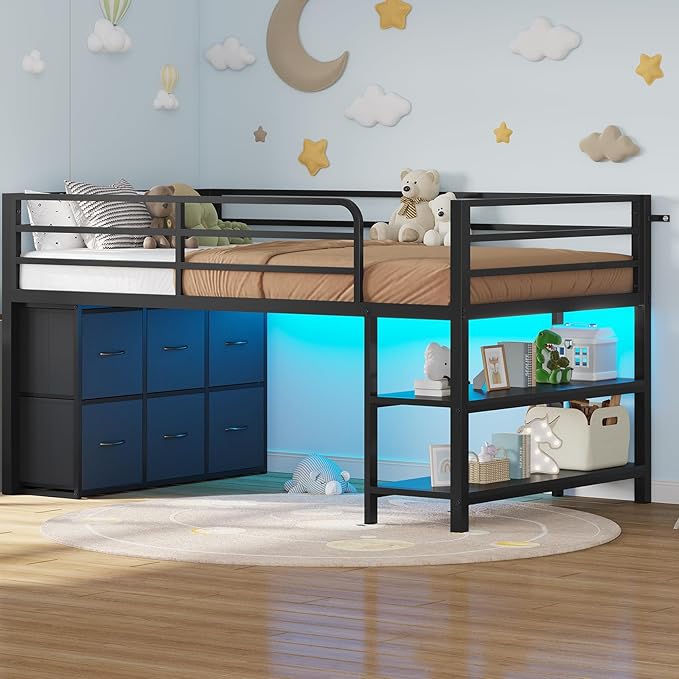 BTHFST Low Loft Bed Twin Size with 6 Storage Drawers, LED Lights, 2 Tier Storage Shelves, Kids Metal Loft Bed with 15" H Stairs & Safety Guardrail, Spave Saving, Black