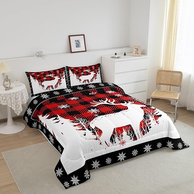 Manfei Christmas Comforter Set Queen Size, Xmas Deer Tree Snowflake Print Bedding Set 3pcs for Kids Boys Girls Bedroom Decor, Black Red Plaid Print Quilt Set with 2 Pillowcases