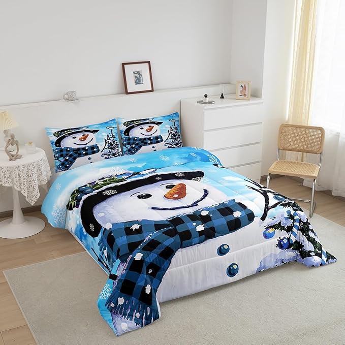 Feelyou Kids Christmas Theme Decorations Bedding Set Xmas Snowman Comforter Set for Boys Girls Cute Comforter Blue Quilt Set Bedroom Collection King Size