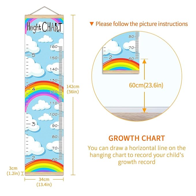 Kids Growth Chart Ruler for Wall Wood Frame Height Measure Chart 13.4x56 in Linen Hanging Height Growth Chart Rainbow Clouds Kids Room Decor