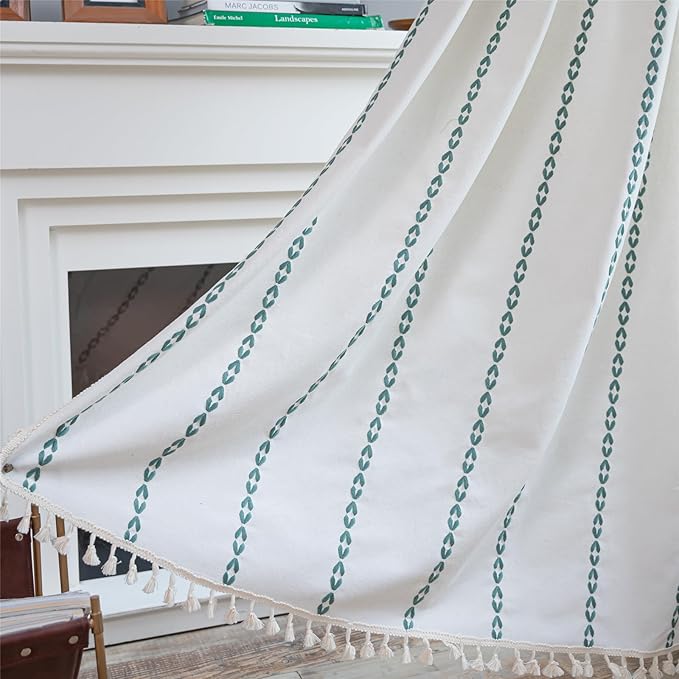 Deeprove Emerald Green Boho Curtains 96 inches Long for Bedroom Living Room, Vintage Bohemian Embroidery Cotton Striped Linen Country Tassel Window Treatments Christmas Decor, W52 x L96, 1 Panel