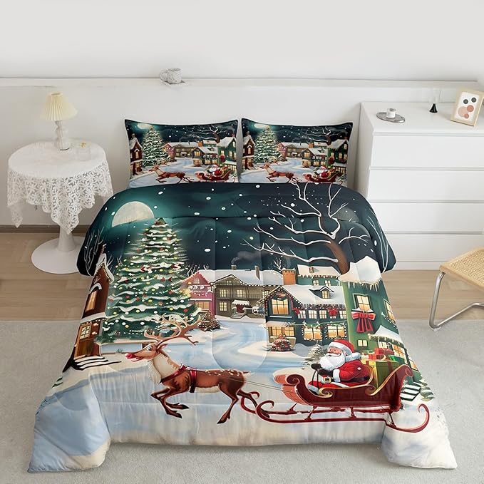 Feelyou Christmas Kids Comforter Set Full Size Santa Claus Bedding Set Reindeer Sled Duvet Quilt for Kids Boys Girls Bedroom Xmas Tree Decor Microfiber Ultra Soft Breathable