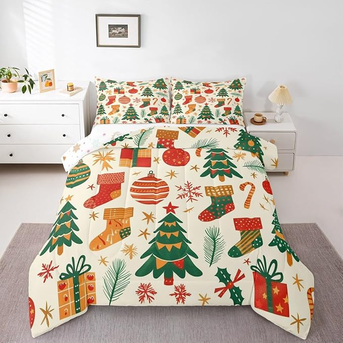 Feelyou Christmas Comforter Set All Season Xmas Tree Bedding Set with 2 Pillow Cases New Year Gift Microfiber Kids King Bedclothes Christmas Stockings Bedroom Decor Duvet Quilt Breathable Soft