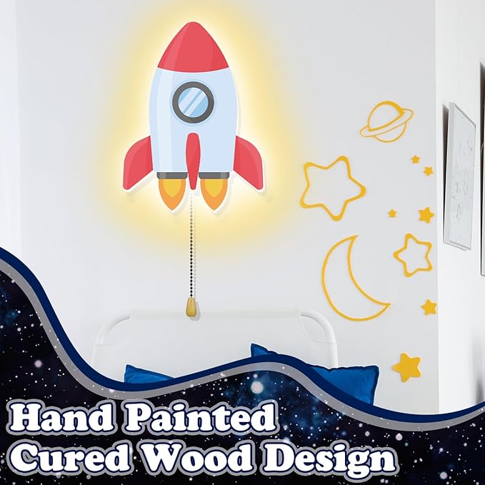 Space Rocket Night Light Wall Lamp Sleeping Nursery Lighting Cute Floating Battery Operated Hanging Lamp for Baby Boys Girls Bedroom Room Nursery Wall Decorations