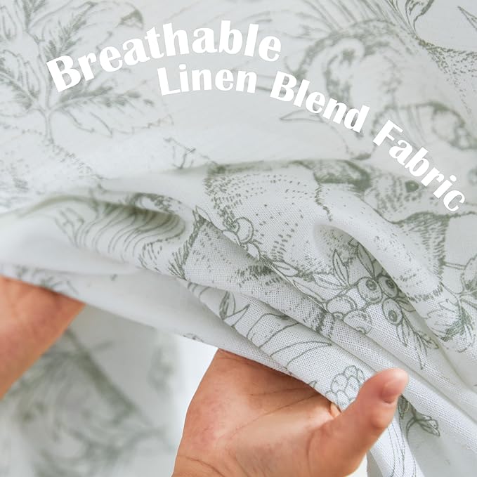 jinchan Linen Nursery Curtains 72 inch Long Woodland Wildlife Sage Green Print Drapes for Kid's Room Light Filtering French Country Farmhouse Curtains with Bunny and Forest Design Set of 2 Panels