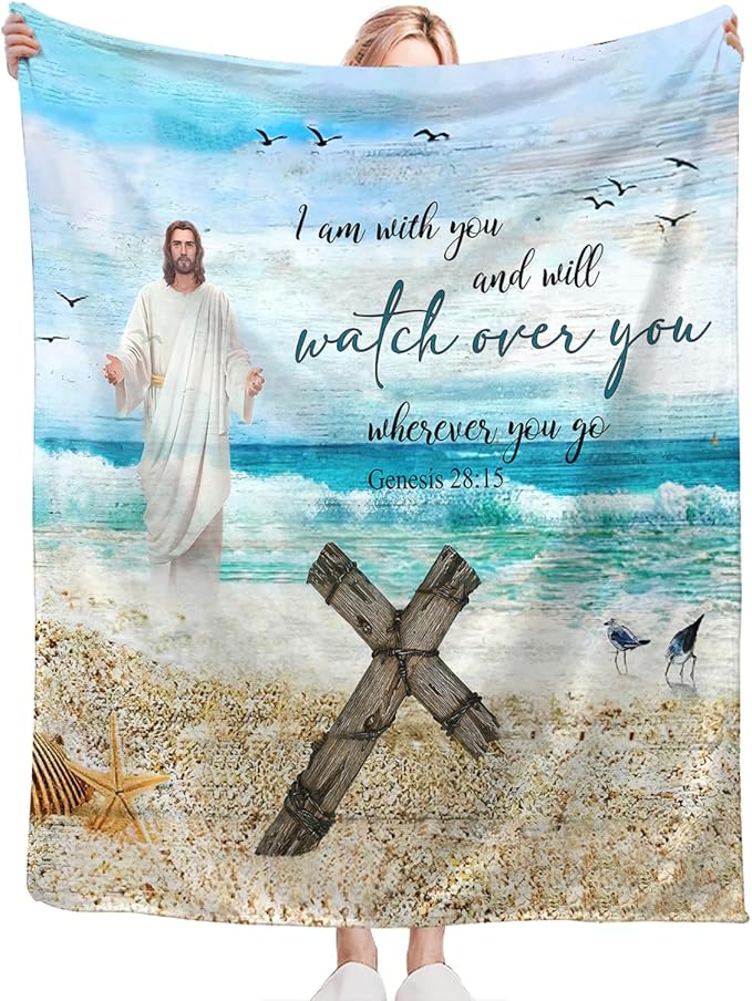 Tijuboni Christian Religious Jesus Throw Blanket Ocean Beach Gifts for Women Men Girls Boys Kids Adults Soft Flannel Fleece Blanket for Couch Sofa Bed Home Decor 40"x50"