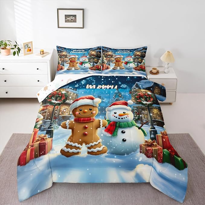 Gingerbread Man Comforter Set Full Size,Cute Snowman Merry Christmas Kids Bedding Set,Snowflake Winter Xmas Poinsettia Quilt Comforter,Blue Brown Duvet Insert,2 Pillowcases