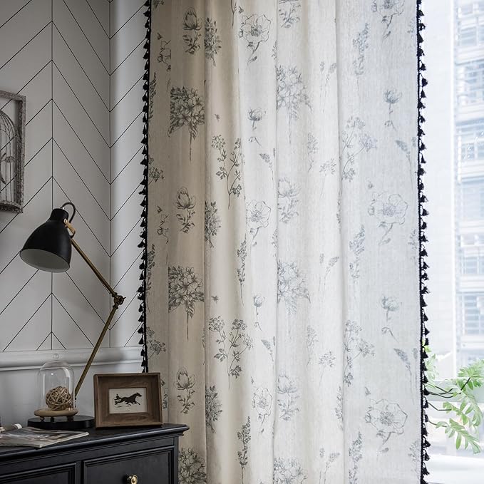 Farmhouse Boho Curtains 63 Inch Length 2 Panels Living Room Semi Sheer Drapes Vintage Floral Tassel Window Curtain Panel Bedroom Grey and Off White Cotton Linen Blend Rod Pocket Window Treatment