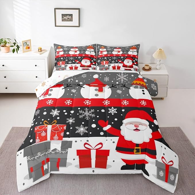 Feelyou Christmas Bedding Set Soft for Boys Girls, Merry Christmas Comforter Set Toddler Size New Year Gift Duvet Quilt Microfiber Snowflake Bedroom Decor 2 Pcs with 1 Pillow Cases
