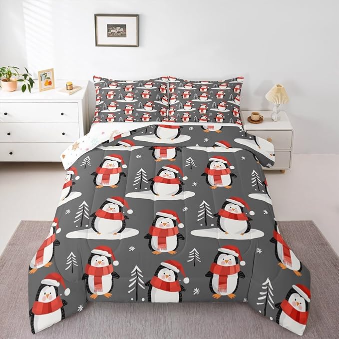 Feelyou Christmas Comforter Set All Season Penguin Bedding Set with 2 Pillow Cases Snowflake Microfiber Kids King Bedclothes Pine Tree Bedroom Decor Duvet Quilt Breathable Soft Lightweight