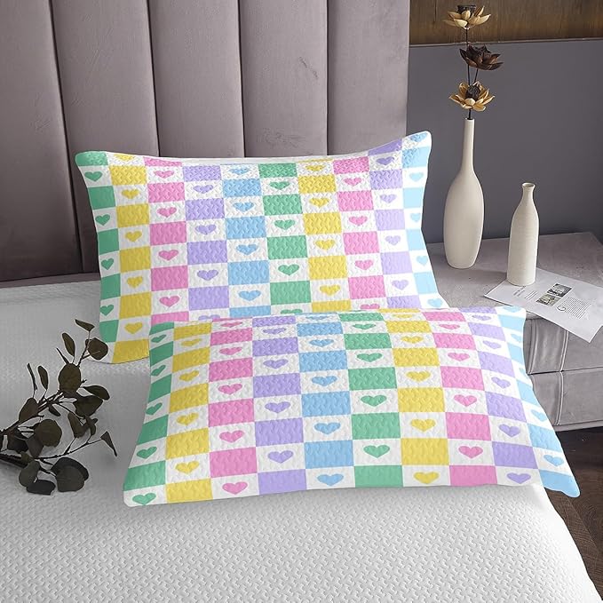 Manfei Cute Love Heart Kids Bedspread Queen Size,Colorful Geometric Plaids Grids Squares Coverlet Set,Girls Women Room Decor,Couple Valentine's Day Quilted Coverlet,Chic Bedding Quilt,2 Pillowcases