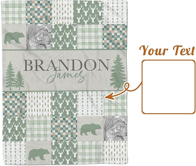 Personalized Rustic Woodland Baby Blanket - Custom Name Bear & Deer Design, Soft Blanket with Double Layer Dotted Backing for Infants Toddlers, Ideal Nursery Decor (60" x80)