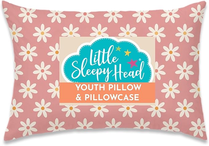 Little Sleepy Head Youth Pillow with Pillowcase 16x22, Soft Jumbo Toddler Pillows, Hypoallergenic Pillow Case - Best Kids Pillows for Sleeping, Perfect Kids Travel Pillows (Daisies)