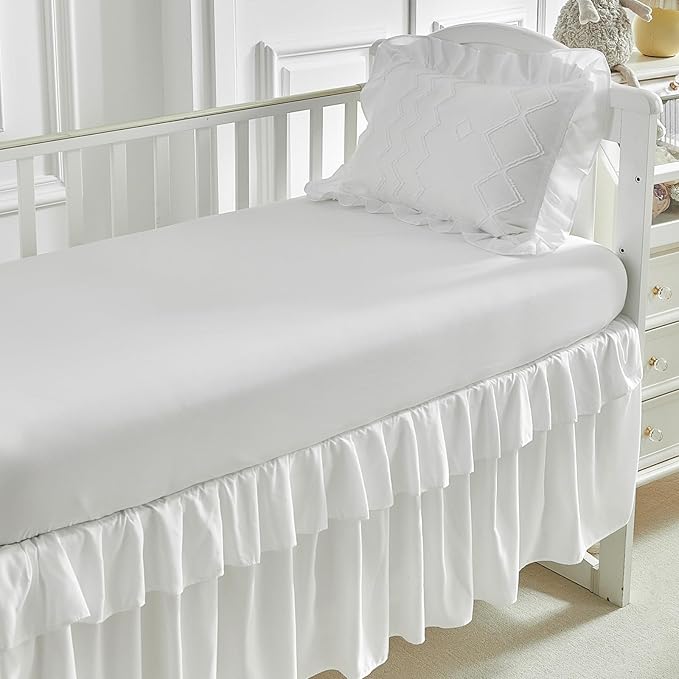 AIKASY The Ruffled Shabby Crib Bedding Set for Girls, Baby Quilted Comforter with Fitted Sheet, Bed Skirt, and Pillowcase（White）