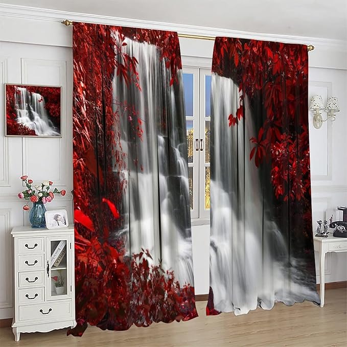 Red Forest Waterfall Blackout Windows Curtains, Waterfall Red Forest Black and Red Natural Landscape Print Window, for Living Room Bedroom 63x72in 2 Panels