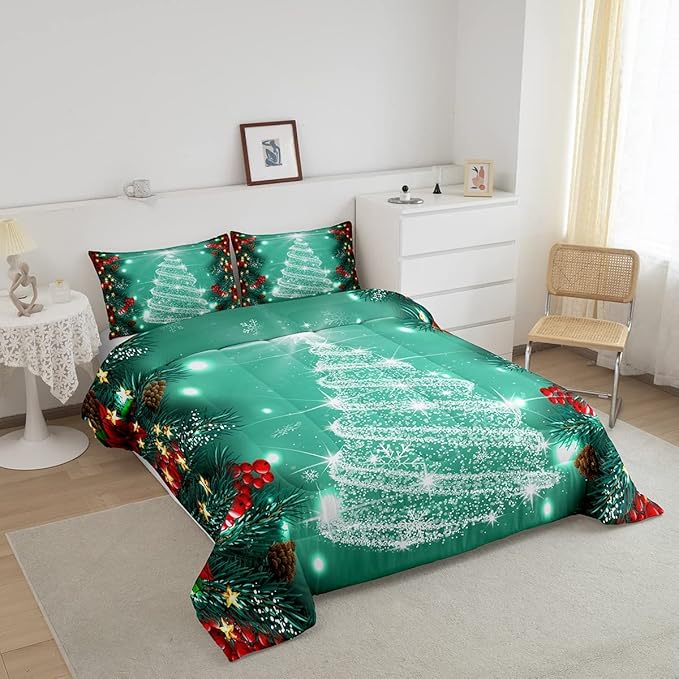 Feelyou Merry Christmas Comforter Set, Kids Santa Tree Glitter Bedding Comforter Twin Size for Boys Girls Xmas Christmas Bell Decor,1 Comforter + 1 Pillow Case Boys