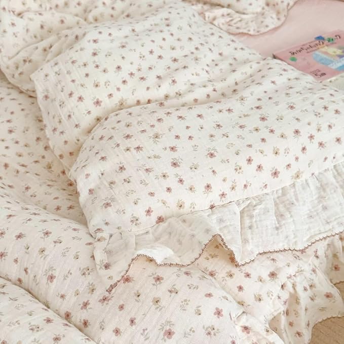 BuLuTu Muslin Cotton Pink Floral Print Duvet Cover for Toddler Girls Kids Comforter Cover for Toddler Bed/Crib Duvet Cover with Ruffles, 47"x59", No Pillow Cases