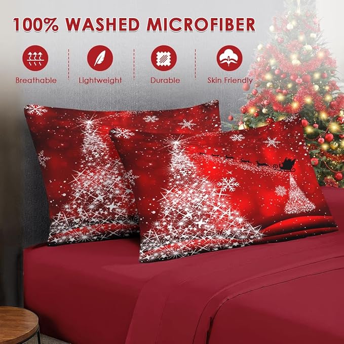 7 Pcs Queen Size Christmas Comforter Set with 2 Pillowcases & 2 Shams, Glitter Pine Tree Bedding for Kids and Adults, Winter Elegant Snowflake Bed in a Bag with Flat Fitted Sheet