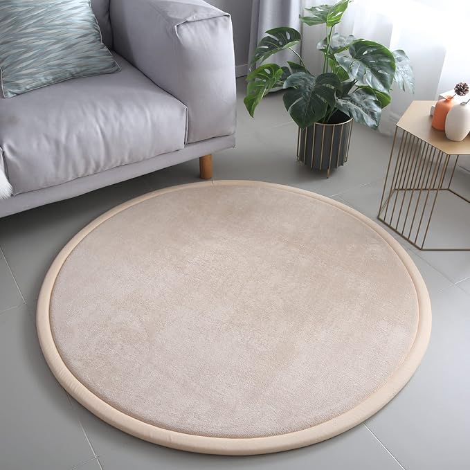 Loartee Thick Kids Round Rug - Coral Velvet Area Rugs, Memory Foam Circular Carpet for Nursery Playroom Home Decor Dormitory, Diameter 47 inch, Brown