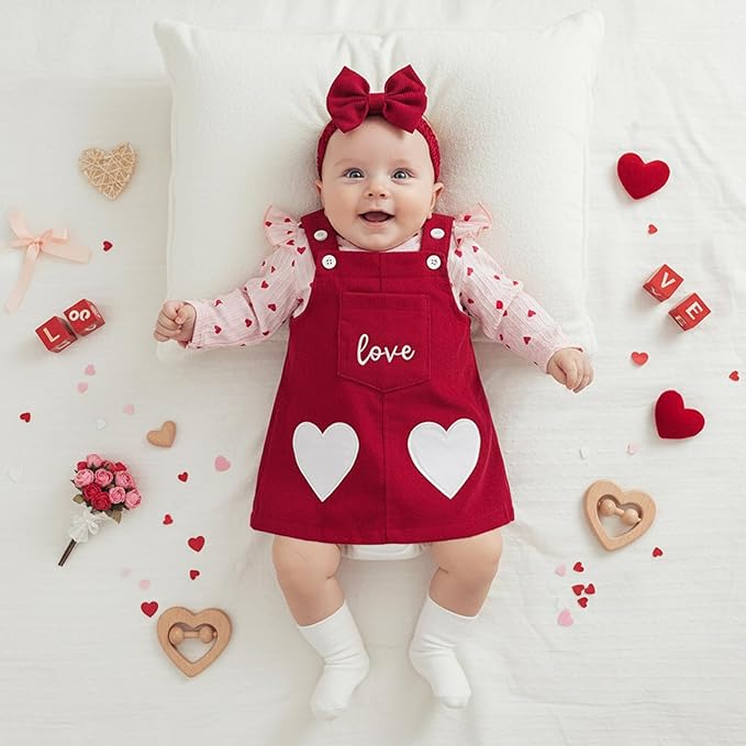 FIOMVA My First Valentines Day Outfit Clothes Baby Girl Romper Love Onesie Heart Embroidery Overalls Suspender Dress Set