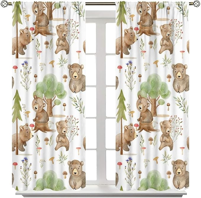 Forest Animal Curtains,Kids Home Bedroom Window Treatments, Cartoon Watercolor Bear Squirrel Woodland Animal Drapes 42x63in