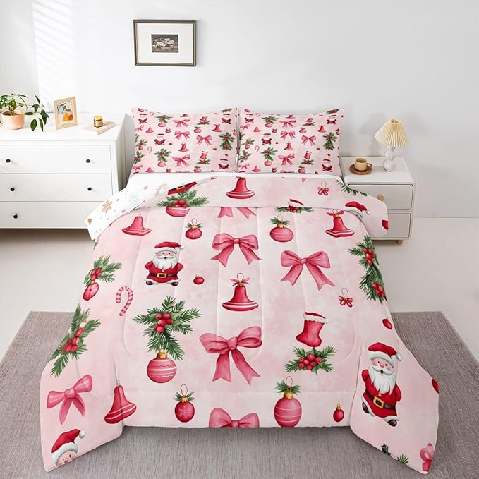 Feelyou Santa Claus Bedding Set Soft for Boys Girls, Pink Bow Comforter Set Full Size Christmas Ornament Duvet Quilt Microfiber Candy Cane Bedroom Decor Holly Berry 3 Pcs with 2 Pillow Cases