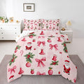 Feelyou Santa Claus Bedding Set Soft for Boys Girls, Pink Bow Comforter Set Twin Size Christmas Ornament Duvet Quilt Microfiber Candy Cane Bedroom Decor Holly Berry 2 Pcs with 1 Pillow Cases