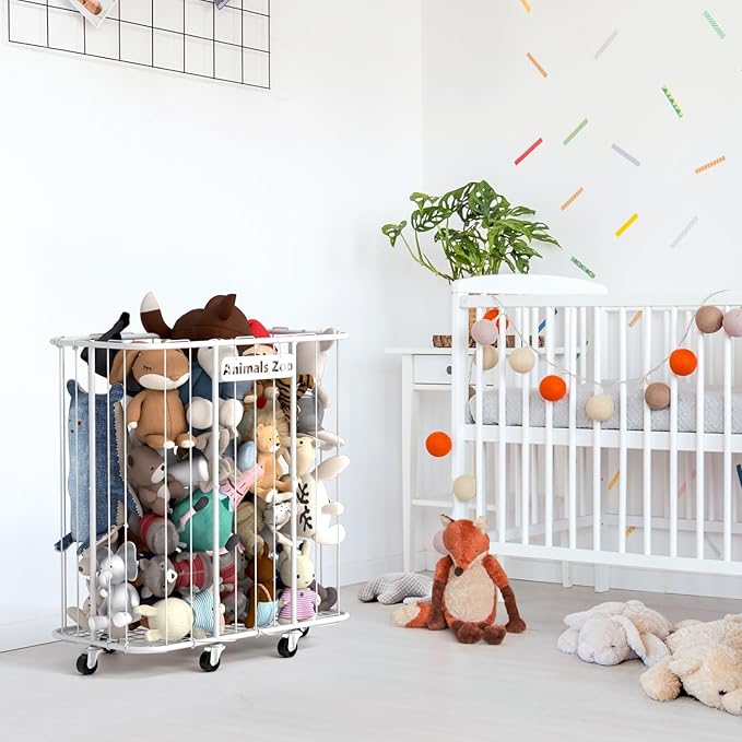 300L Stuffed Animal Organizer Plush Toy Storage Organizer Toy Storage Basket, Kids Toy Storage Bins with Wheels, Metal Frame and Elastic Cord Design, Suitable for Storage of Any Stuff