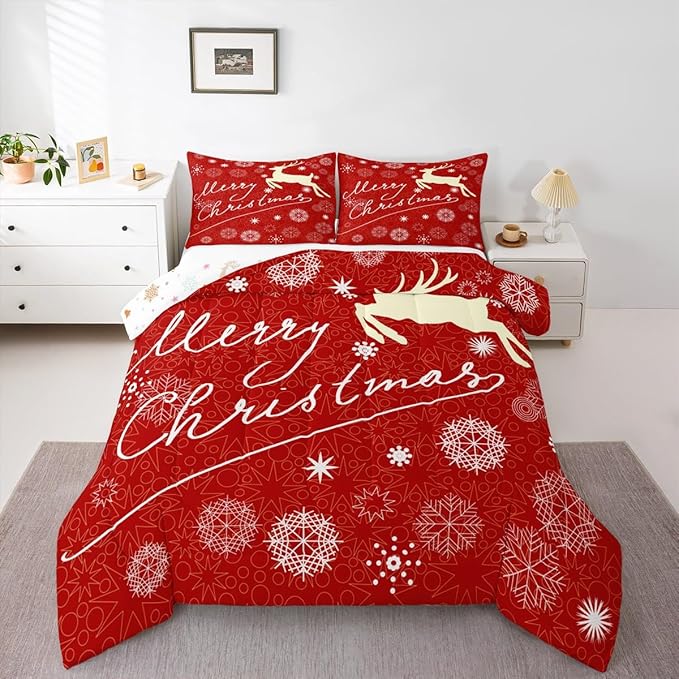Merry Christmas Kids Comforter Set Twin Size,Deer Animal Silhouette Bedding,Girls Boys Adults Bedroom/Xmas Cabin Decor,Snowflake Dot Graffiti Down Comforter,Red Romantic Duvet Insert,1 Pillowcase