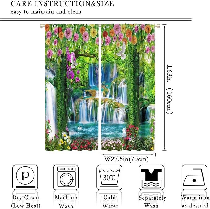 Jungle Nature Blackout Window Curtains, Trees Scenic Waterfall and River Spring Pattern Print Window Drapes, for Living Room Bedroom 55x63in 2 Panels