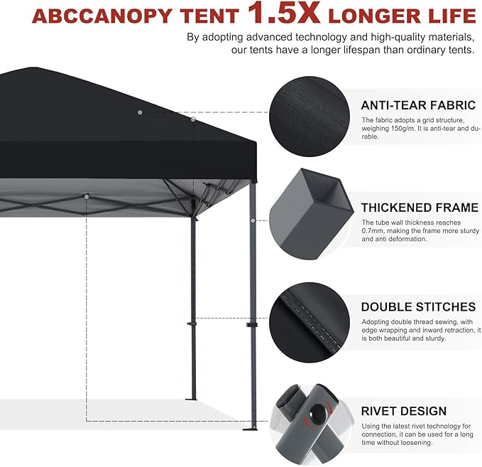 ABCCANOPY Pop Up Canopy - Outdoor Patio Portable Canopy Tent Heavy Duty for Backyard and Deck with 4 Sandbags(Black, 12x12)