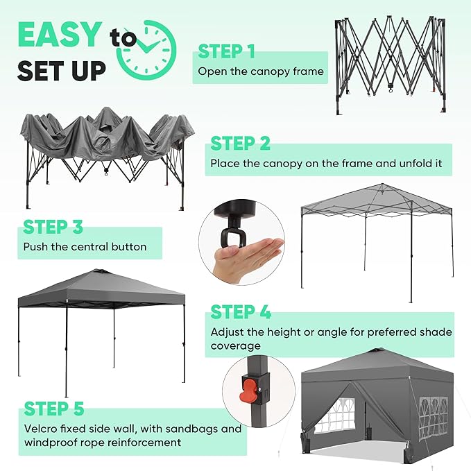 GDY 10x10 Pop Up Canopy Tent with 4 Sidewalls, Easy Set up with One Push Lift Outdoor Silver Coated Beach Gazebos, Carpas with 4 Sandbags, for Pool, Events, Parties, and Camping, Gray.