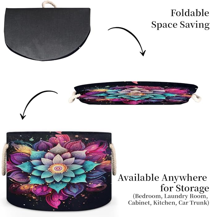 Galaxy Ethnic Mandala Round Storage Basket for Laundry & Toys, Lightweight Fabric Laundry Hamper with Handles, Foldable Large Organizer Bin for Bedroom Bathroom Nursery Dorm