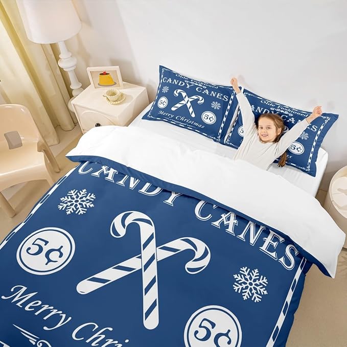 jejeloiu Christmas Bedding Set Queen Size Kids Christmas Quote Comforter Cover Set for Boys Girls Teens Candy Canes Print Duvet Cover Xmas Bedspread Cover Room Decorations Blue Quilt Cover