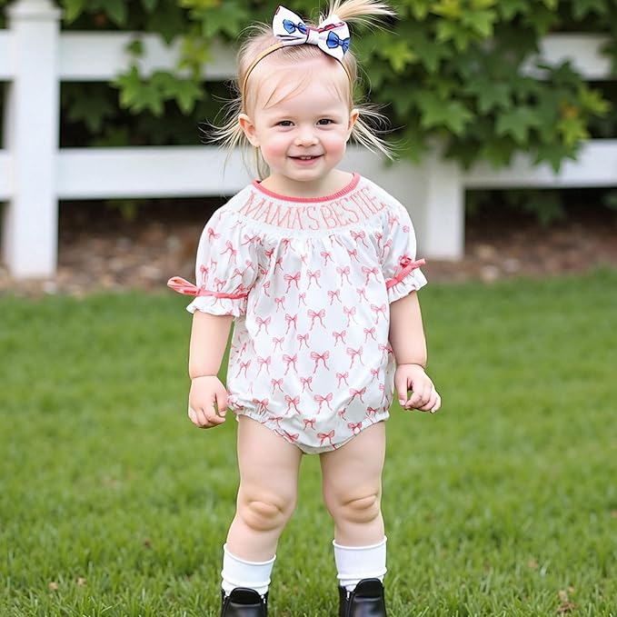 Newborn Baby Girl Romper Mamas Mini Bow Plaid Print Puff Sleeve Smocked Bubble Romper Jumpsuit Bodysuit Clothes