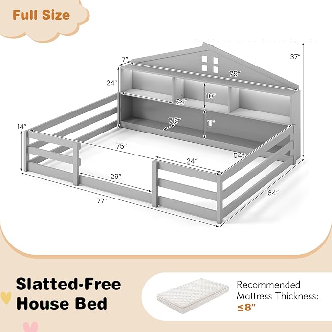 Giantex Full Size Montessori Floor Bed with LED Lights, 2-in-1 Wooden House Bed Frame with Safety Guardrails, Storage Compartments & Shelf, No Box Spring Needed, Without Slats, Gray