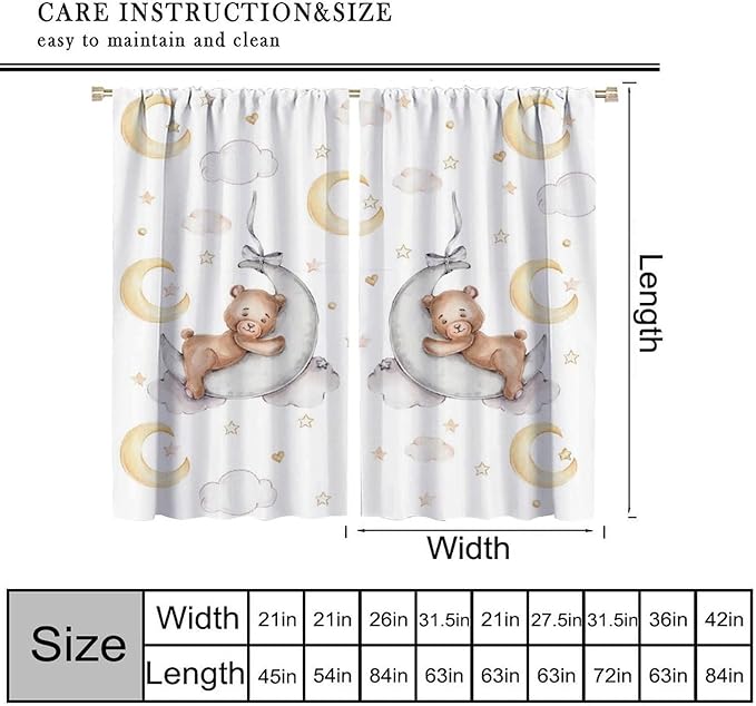 Cartoon Bear Curtains, Cartoon Watercolor Lovely Bear Moon Stars Printed Blackout Window Treatments, Rod Pocket Thermal Insulated Drapes 2 Panel Sets for Kids Bedroom Nursery Classroom, 42"W X 45"L