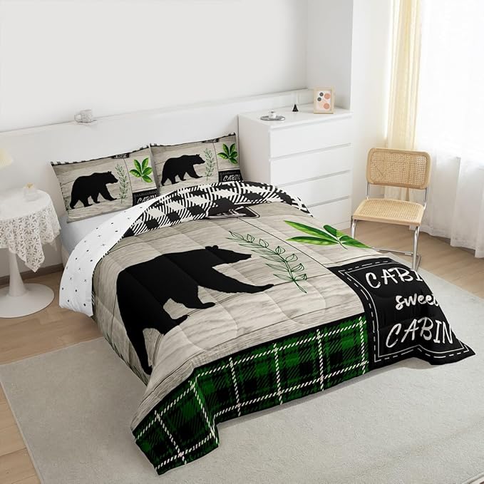Bear Silhouette Kids Comforter Set King Size,Leaves Wooden Plank Bedding,Girls Boys Adults Bedroom/Xmas Cabin Decor,Geometric Grids Retro Down Comforter,Rustic Farmhouse Duvet Insert,2 Pillowcases
