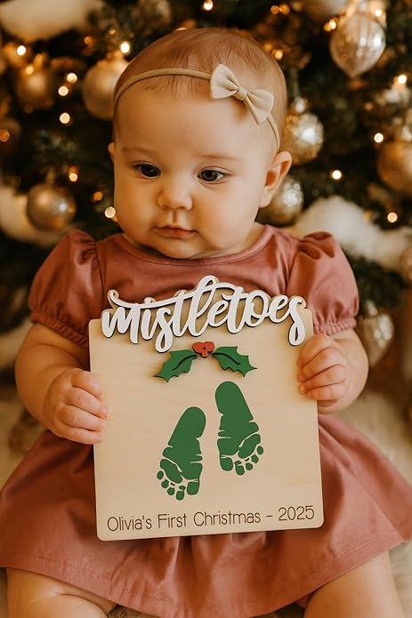 Baby's First Christmas Handprint Art, DIY Footprint Art, Baby's Mistletoes Sign, Wooden Kids Craft, Custom Children's Holiday Keepsake