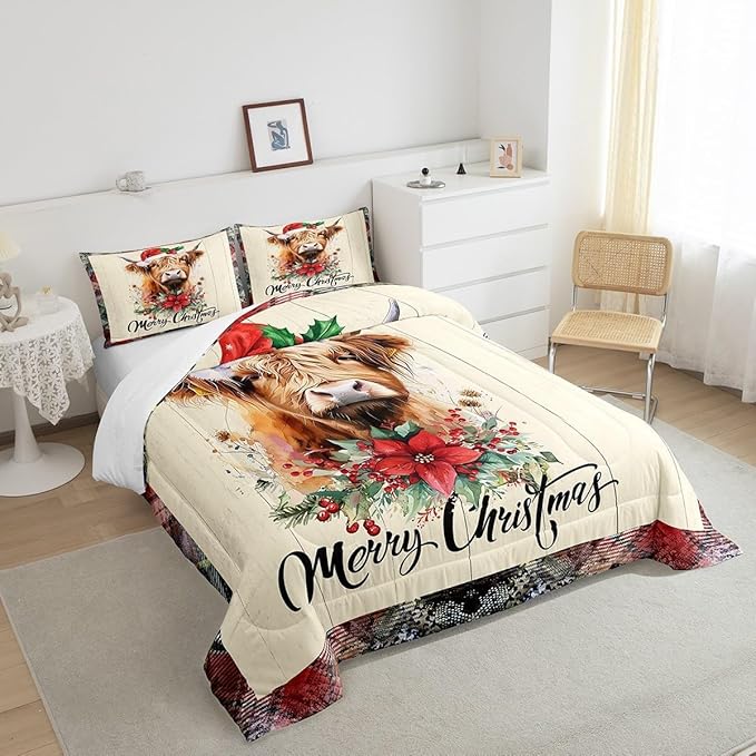 Castle Fairy Christmas Highland Cattle Comforter Set Toddler Size,Red Xmas Flowers Pine Trees Bedding Set for Kids Boys,Rustic Farm Western Animal Wooden Red Green Plaid Quilted Set with 1 Pillowcase