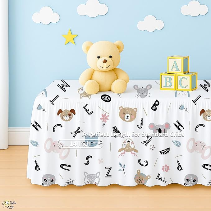 Cottington Lane Crib Skirt Dust Ruffle, 100% Natural Cotton, Soft, Durable Nursery Crib Toddler Bedding Skirt for Baby Girls or Boys, Fits Standard Cribs 28" x 52" with 14" Drop, Alphabet Adventure