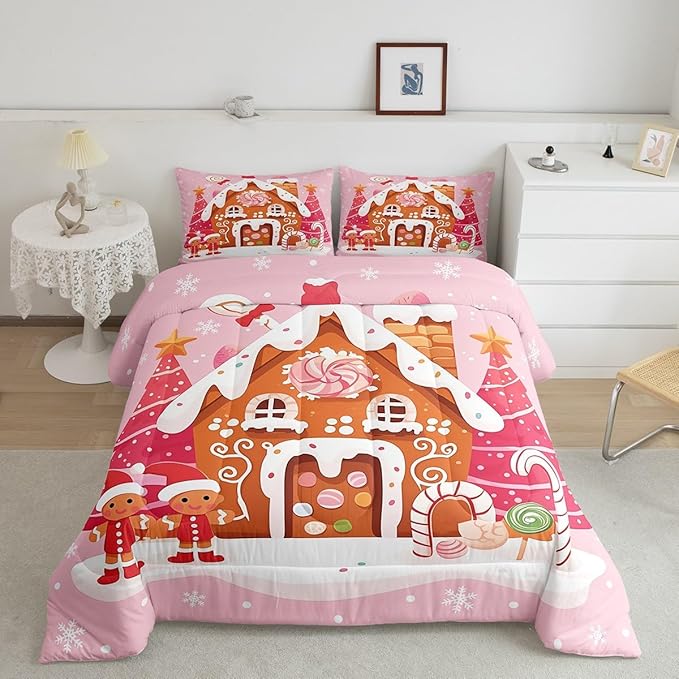 jejeloiu Kids Christmas Theme Comforter Set Full Size Cute Gingerbread Man Bedding Set for Boys Girls Teens Pink Xmas Tree Candy House Winter Snowflake New Year Duvet Quilt Room Decor