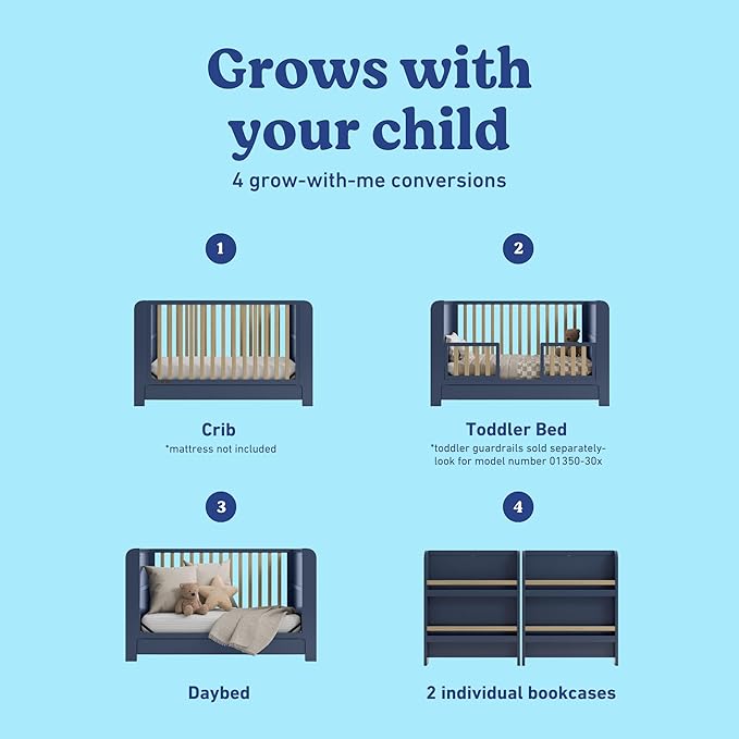 Graco Read-with-Me 4-in-1 Convertible Crib with Drawer (Midnight Blue with Driftwood) - GREENGUARD Gold Certified Converts to Toddler Bed, Daybed, and Functional Bookshelves